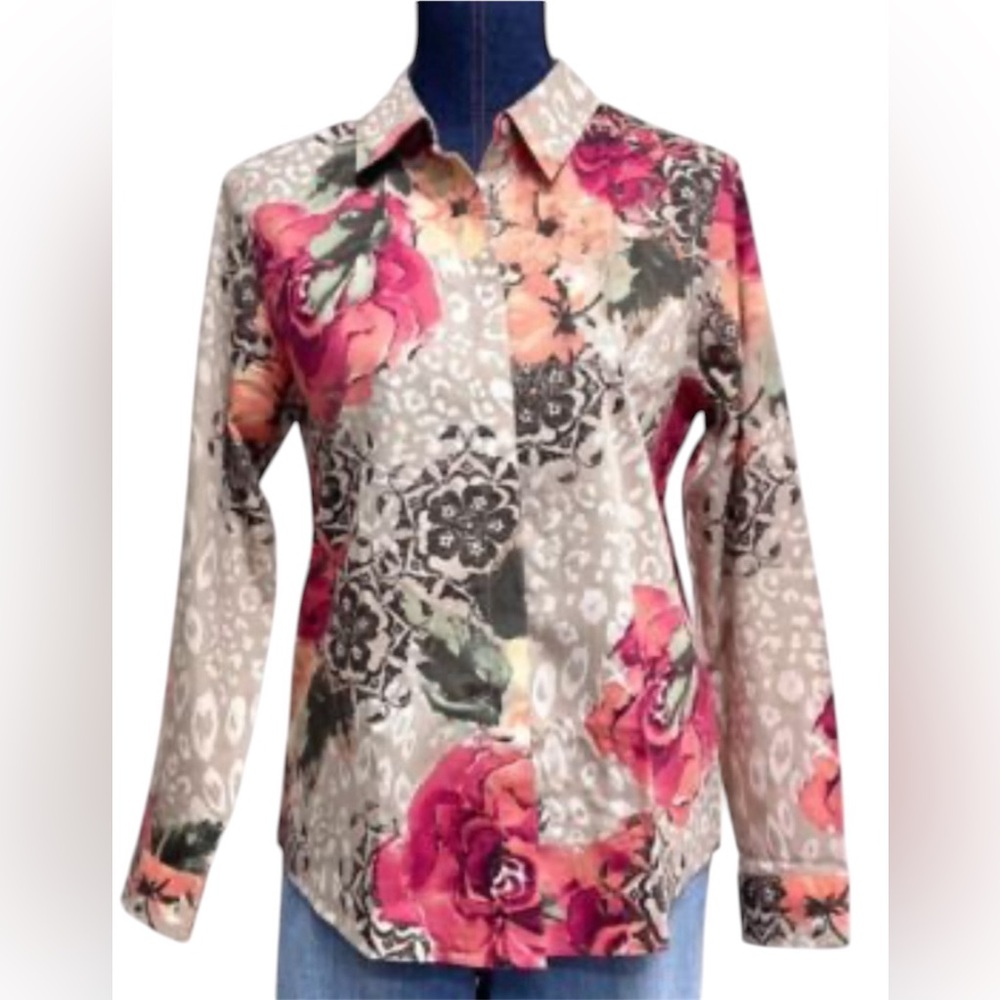 Chicos Floral No Iron Easy Care Long Sleeve Blouse Top Autumn Size M 8 - Picture 3 of 13